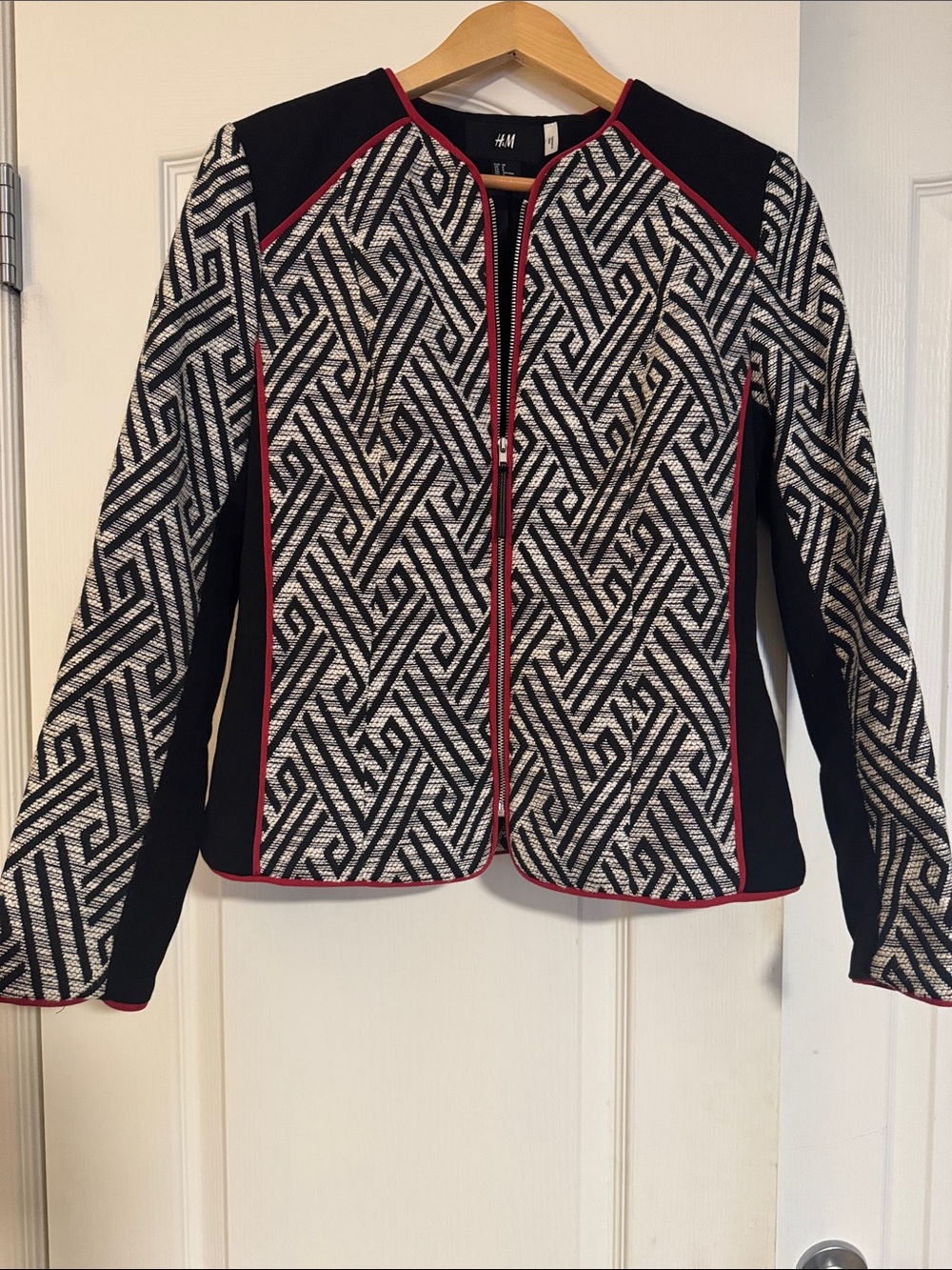 H&M Black & White Geometric Blazer with Red Trim